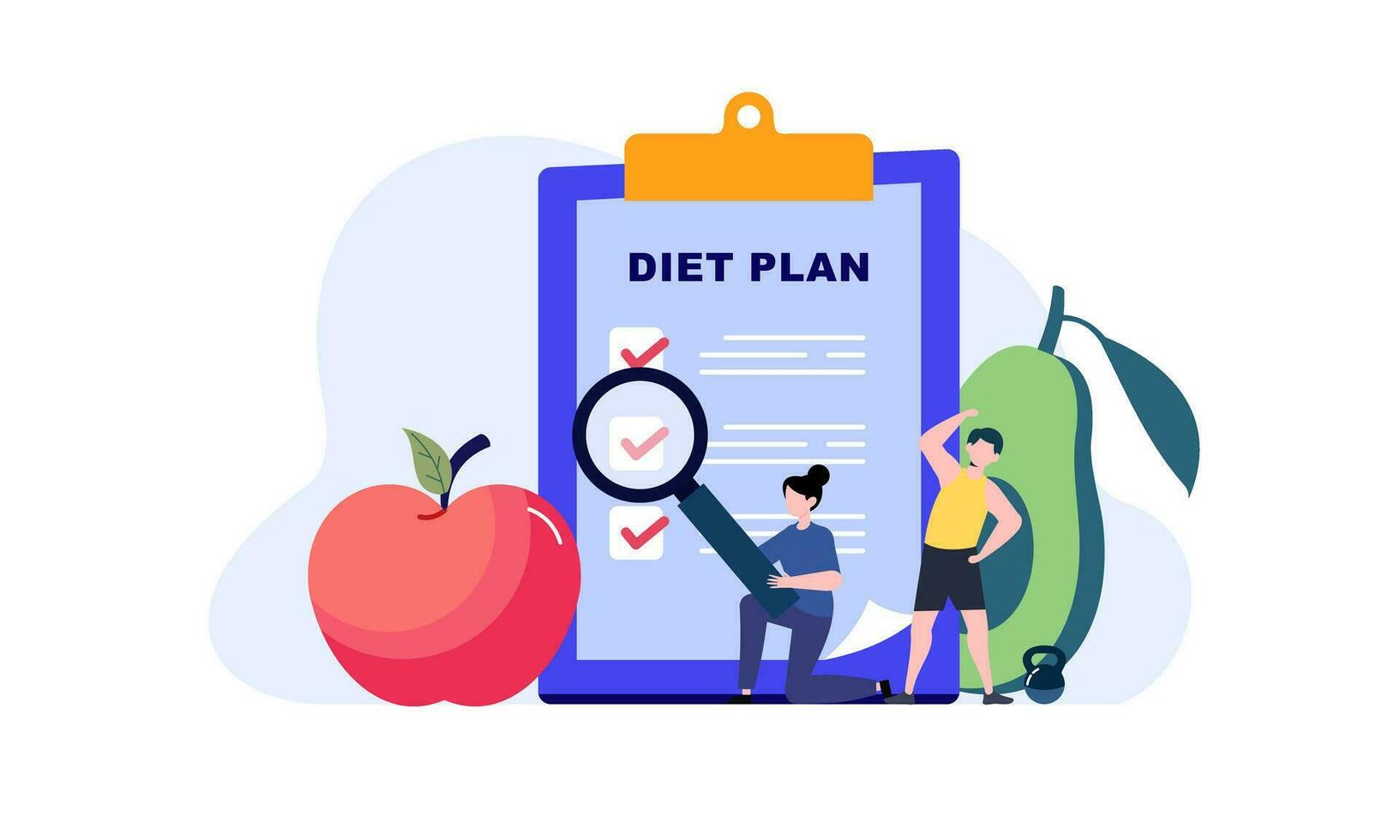 Diet plan checklist illustration. People doing exercise, training and planning diet with fruit and vegetable. vector