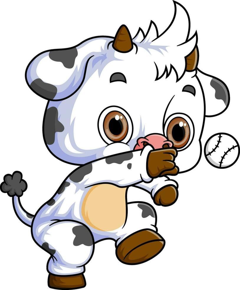 dibujos animados pequeño vaca jugando pelota en blanco antecedentes vector