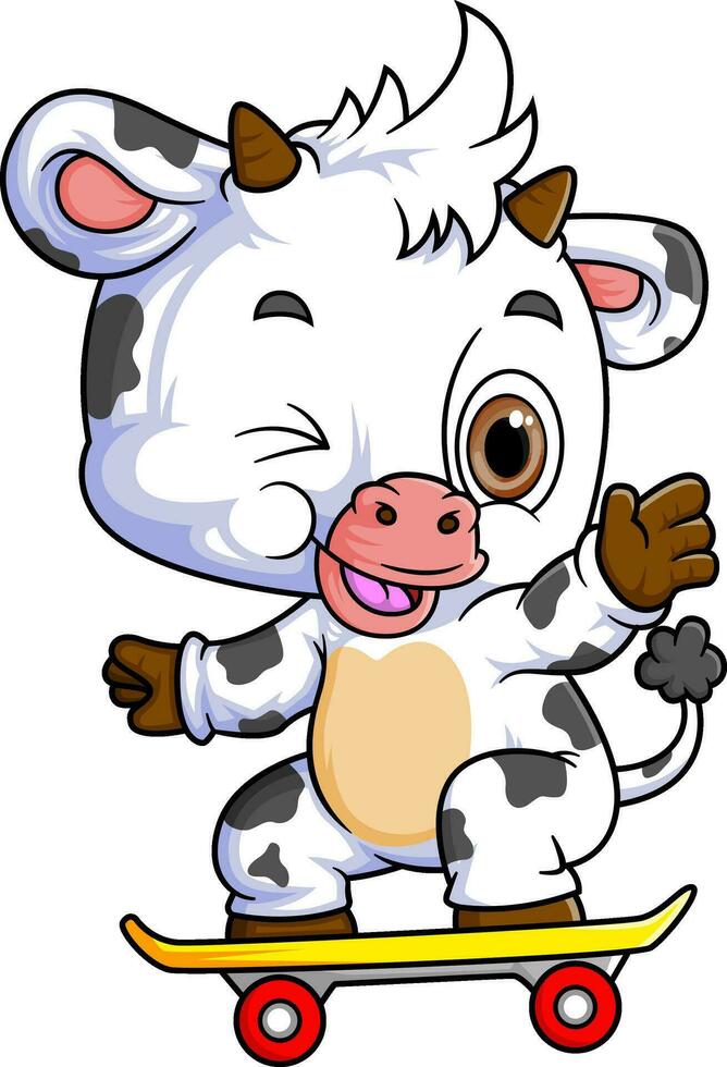 Cartoon little cow playing skateboard on white background vector