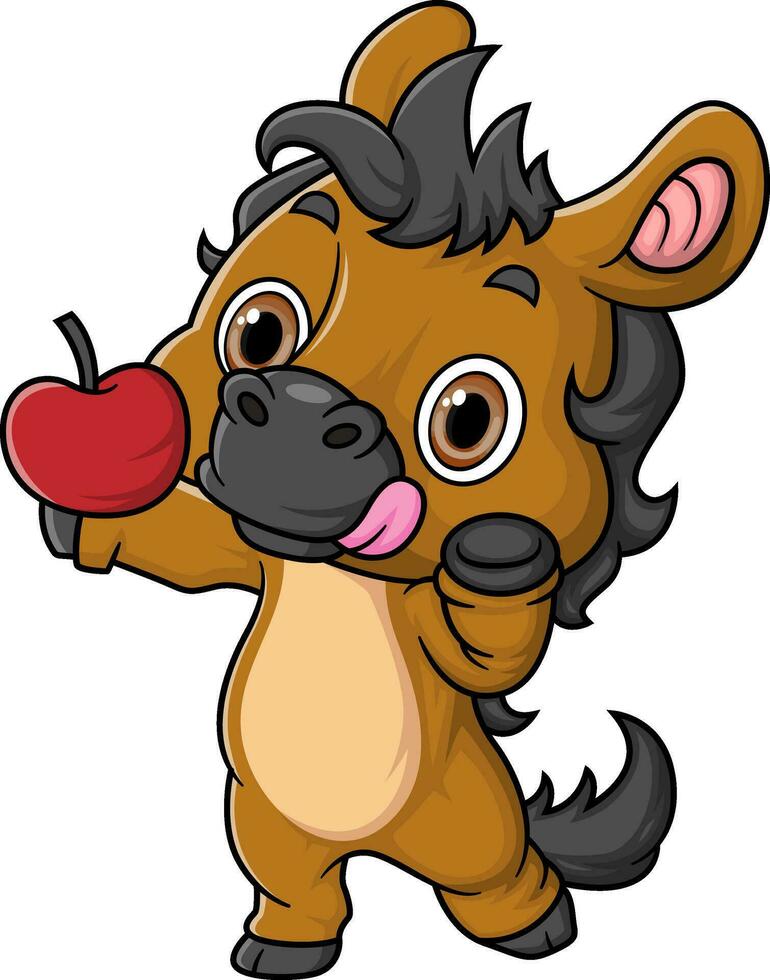 Cartoon cute baby horse holding apple fruit vector