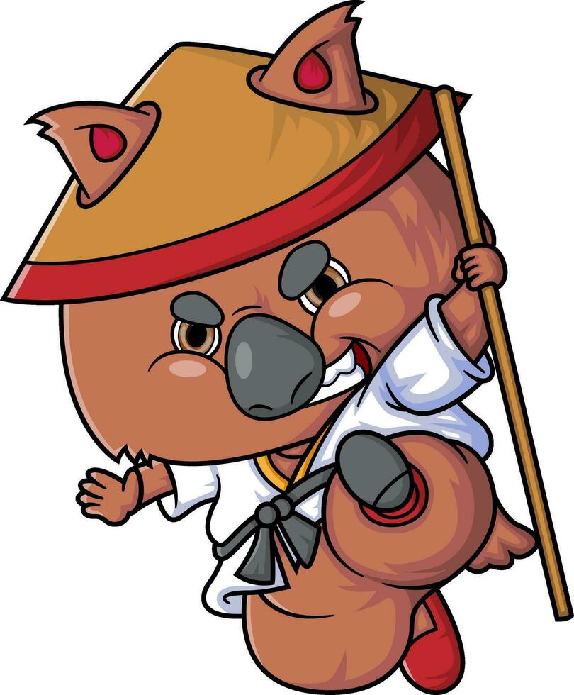 cartoon cute quokka fighter holding stick vector