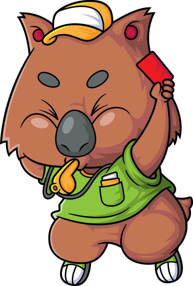 dibujos animados linda quokka personaje fútbol árbitro dando el rojo tarjeta vector