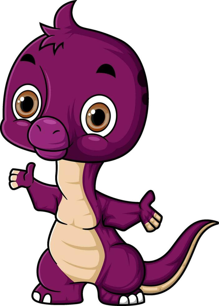 Cartoon funny baby brontosaurus dinosaur with welcome pose vector