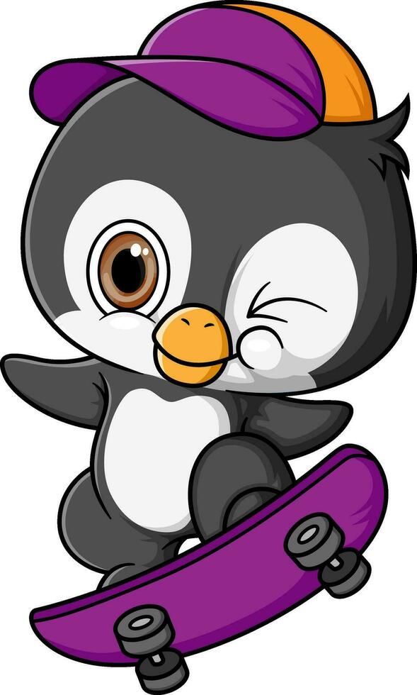 dibujos animados linda bebé pingüino jugando patineta vector