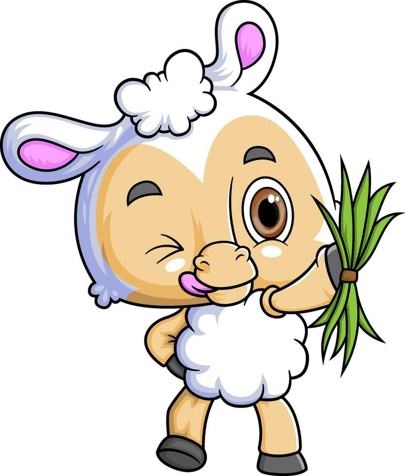 Cartoon little sheep holding grass on white background vector