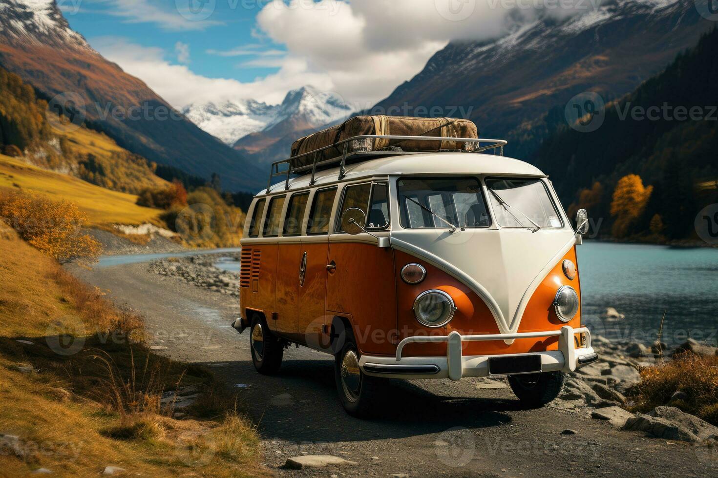Vintage camper van in the mountains. Adventure concept. Generative AI photo