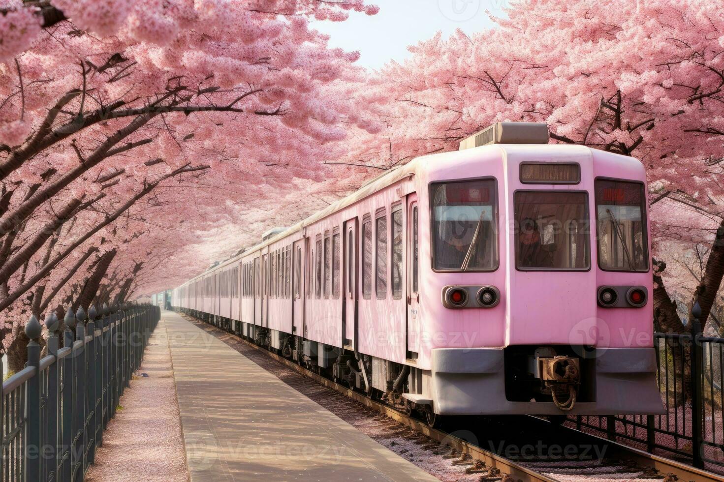 Railway in Beijing, China, train near cherry blossoms in spring photo