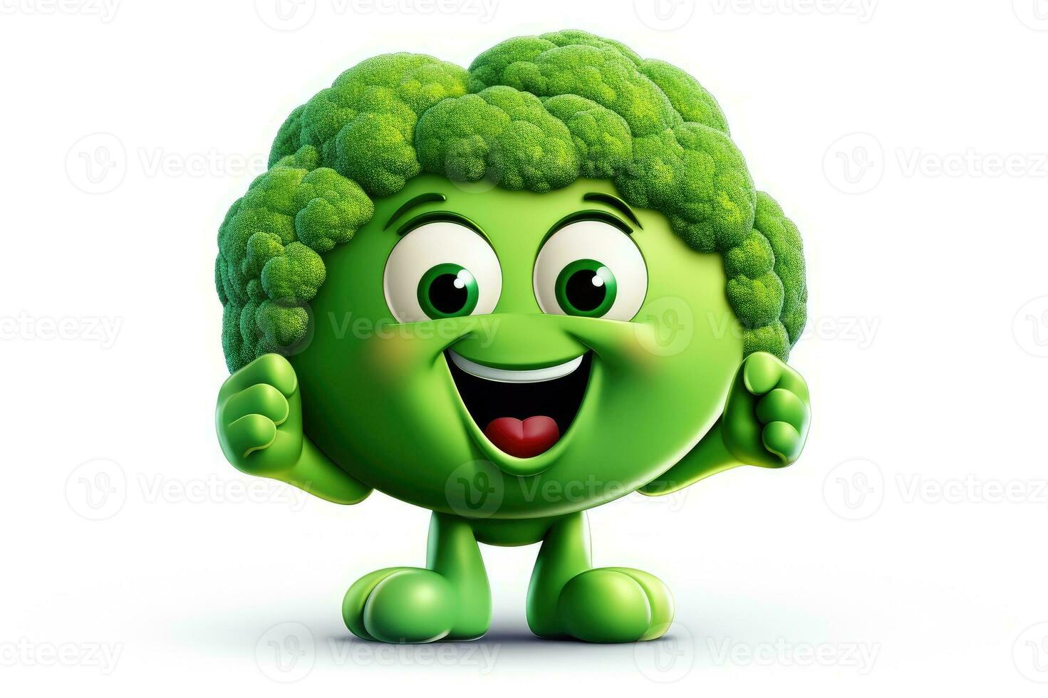 Cartoon broccoli with happy faces on a white background. Generative AI photo