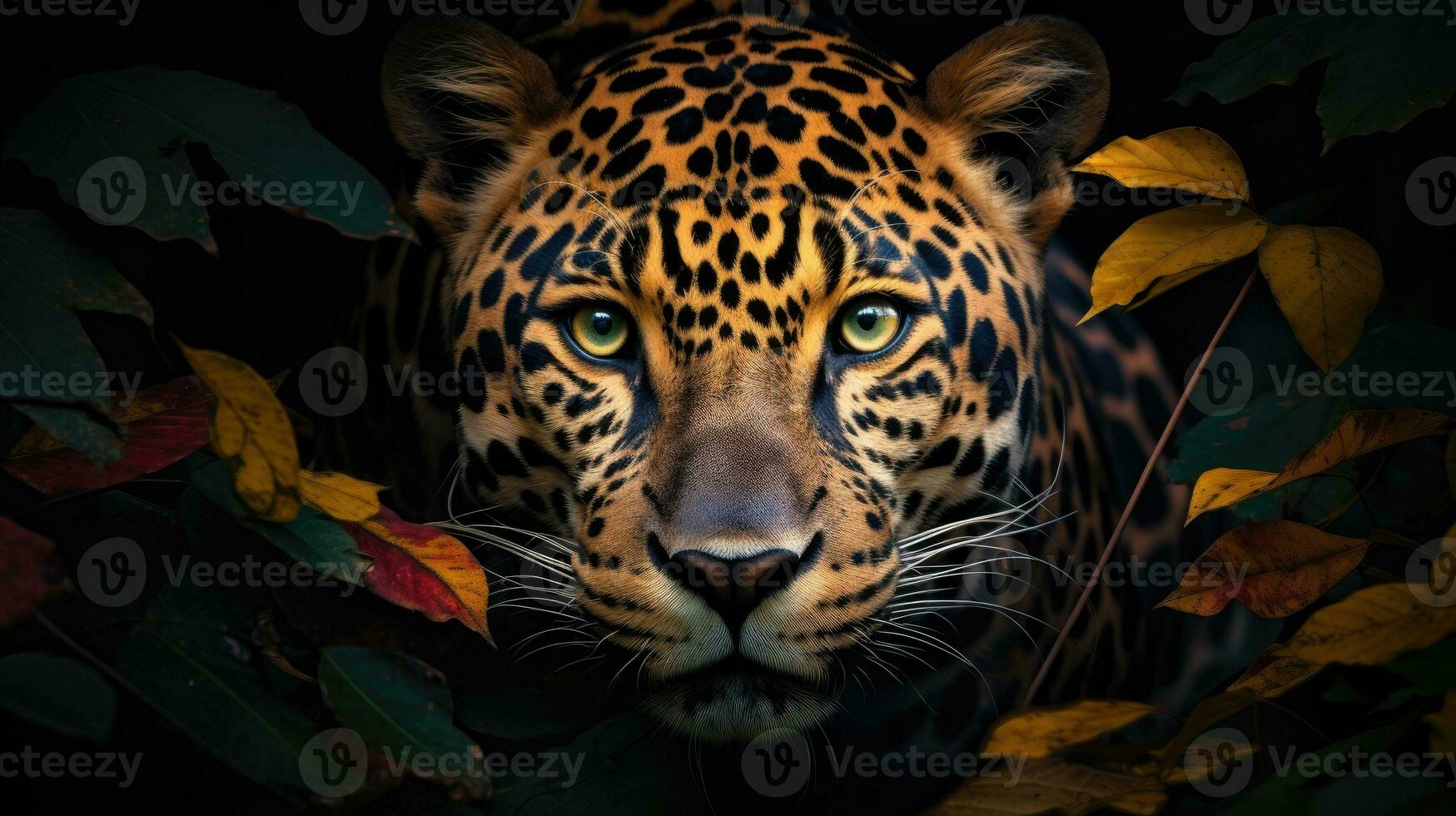 Head of a jaguar among the leaves in the jungle, Panthera onca. Generative AI photo