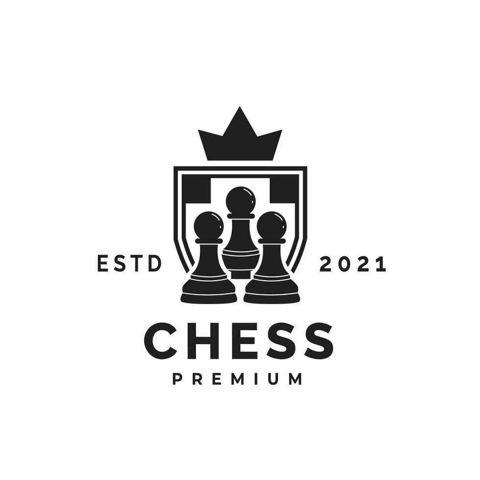Minimalist chess vector logo with shield, pawn icon silhouette with crown suitable for chess match