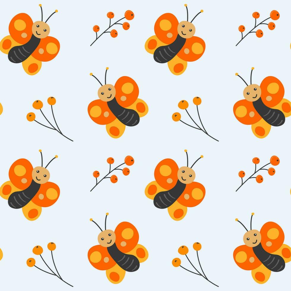 Seamless pattern with cute butterflies and twigs with berries in cartoon style. Insects and plants. Vector illustration.