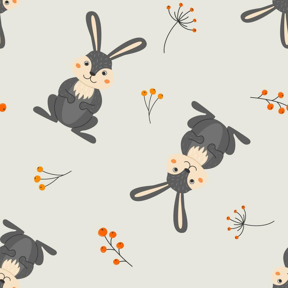 Seamless pattern with cute rabbit and twigs in cartoon style. Animals in the forest. Vector illustration.