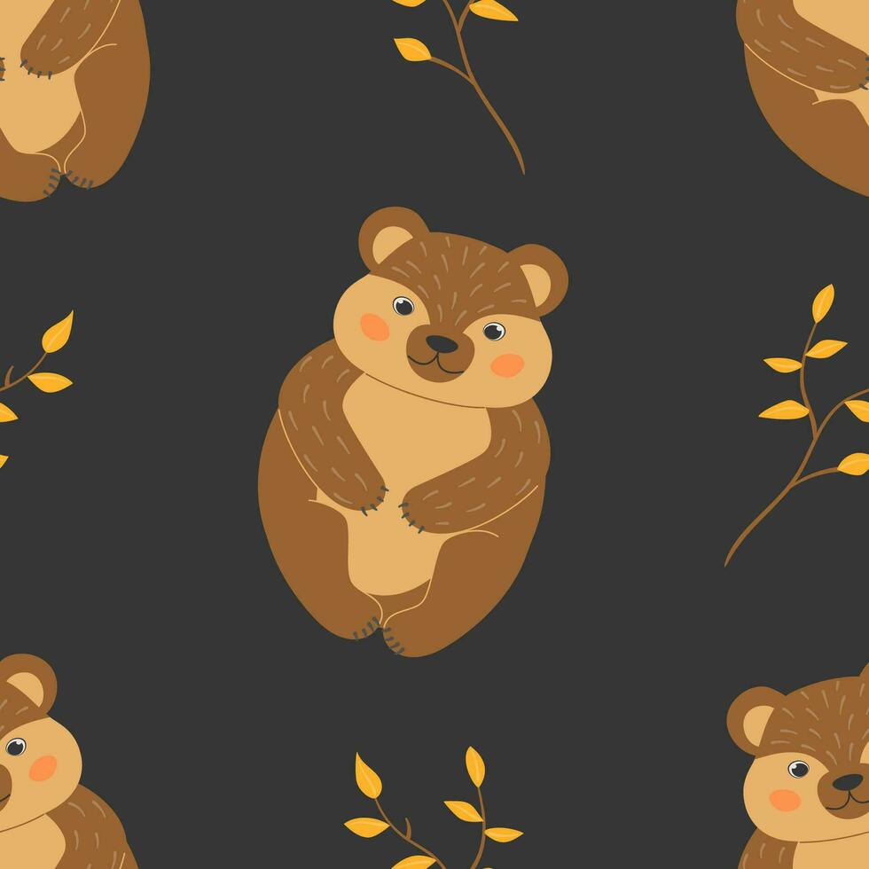 Seamless pattern with cute bears and twigs with autumn leaves in cartoon style. Animals in the forest. Vector illustration.