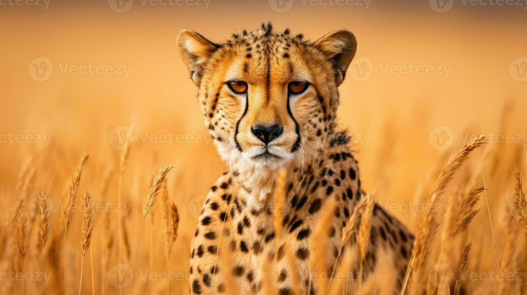 Cheetah, Acinonyx jubatus stands in long grass in savannah. photo