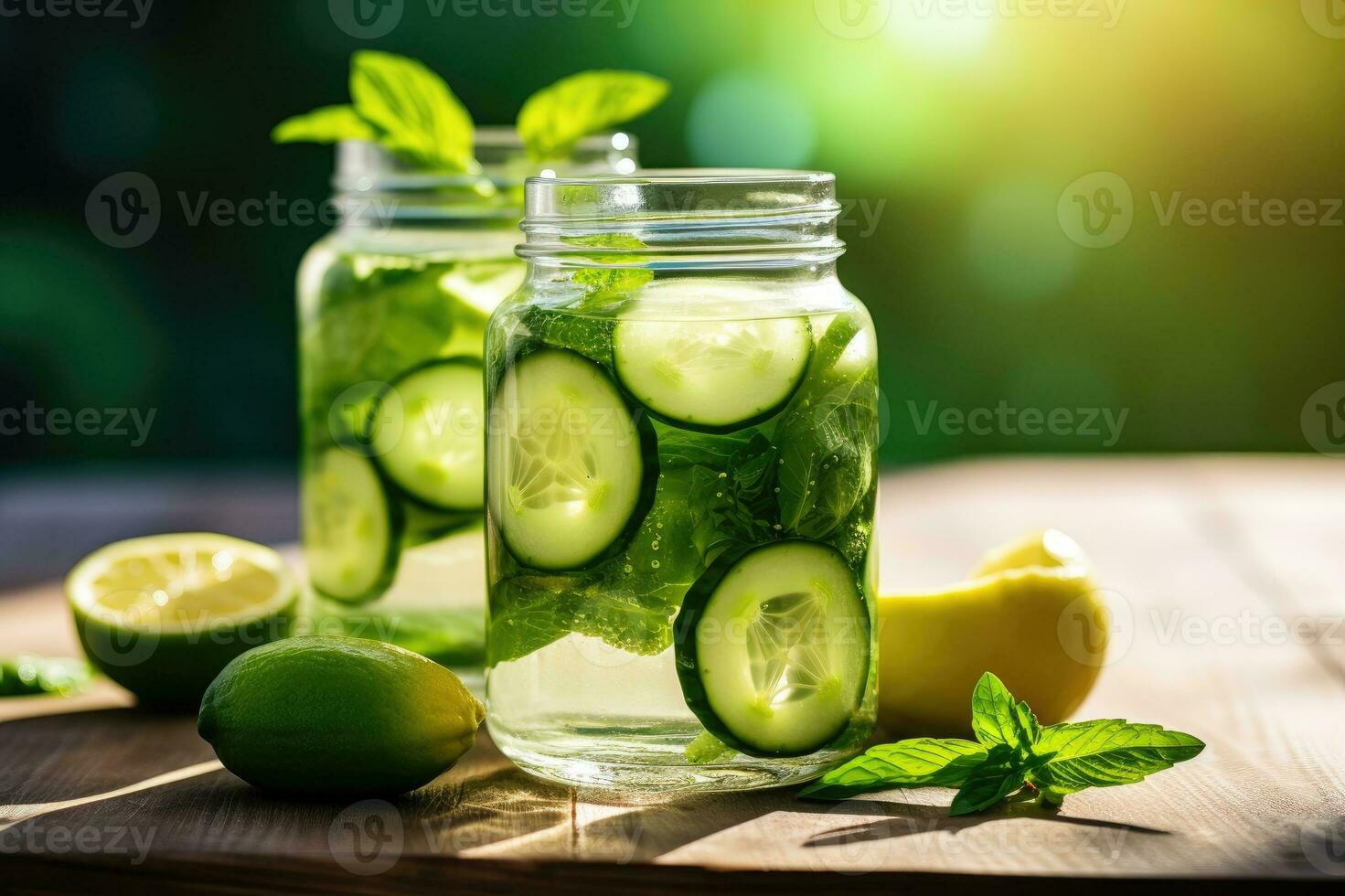 Cold drink with cucumber and lime. Infused cucumber drink with mint. Detox water. photo