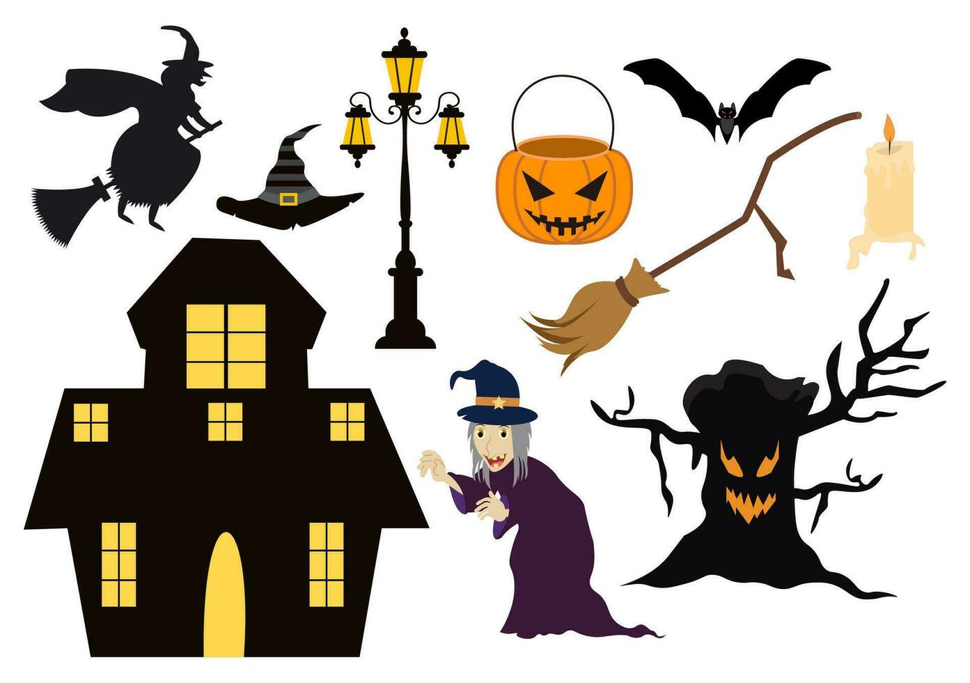 Set Halloween Elements Vector Illustration with Various Kinds of Things like Ghosts, Pumpkins, Skulls, Candies and More Cartoon Background Templates