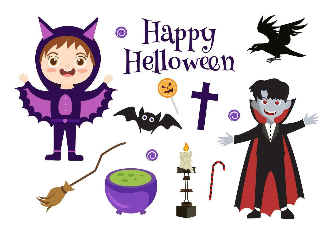 Set Halloween Elements Vector Illustration with Various Kinds of Things like Ghosts, Pumpkins, Skulls, Candies and More Cartoon Background Templates