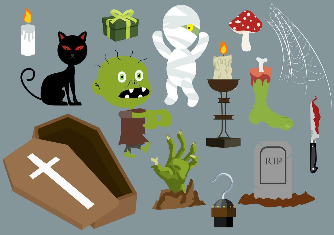 Set Halloween Elements Vector Illustration with Various Kinds of Things like Ghosts, Pumpkins, Skulls, Candies and More Cartoon Background Templates