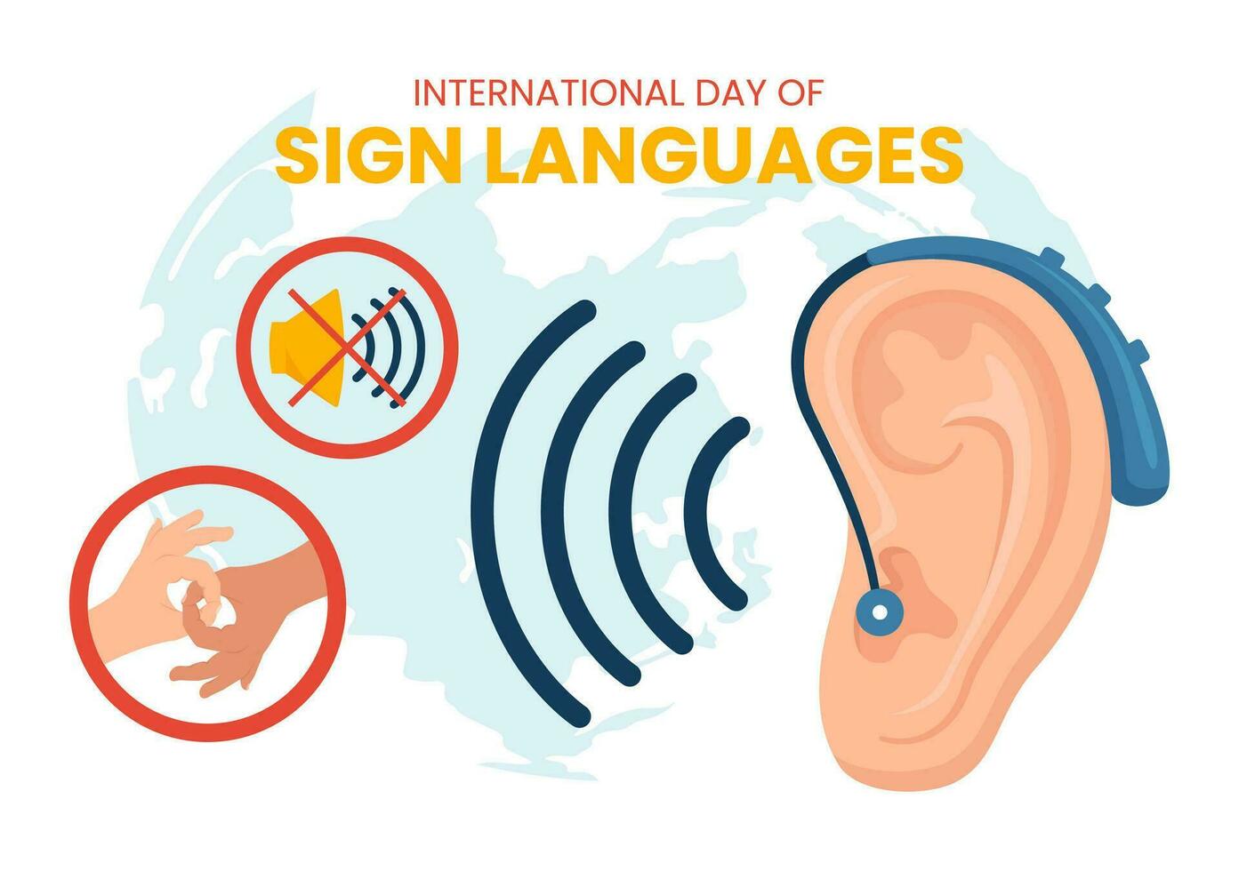 internacional día de firmar idiomas vector ilustración con personas espectáculo mano gestos y escuchando invalidez en plano dibujos animados mano dibujado plantillas