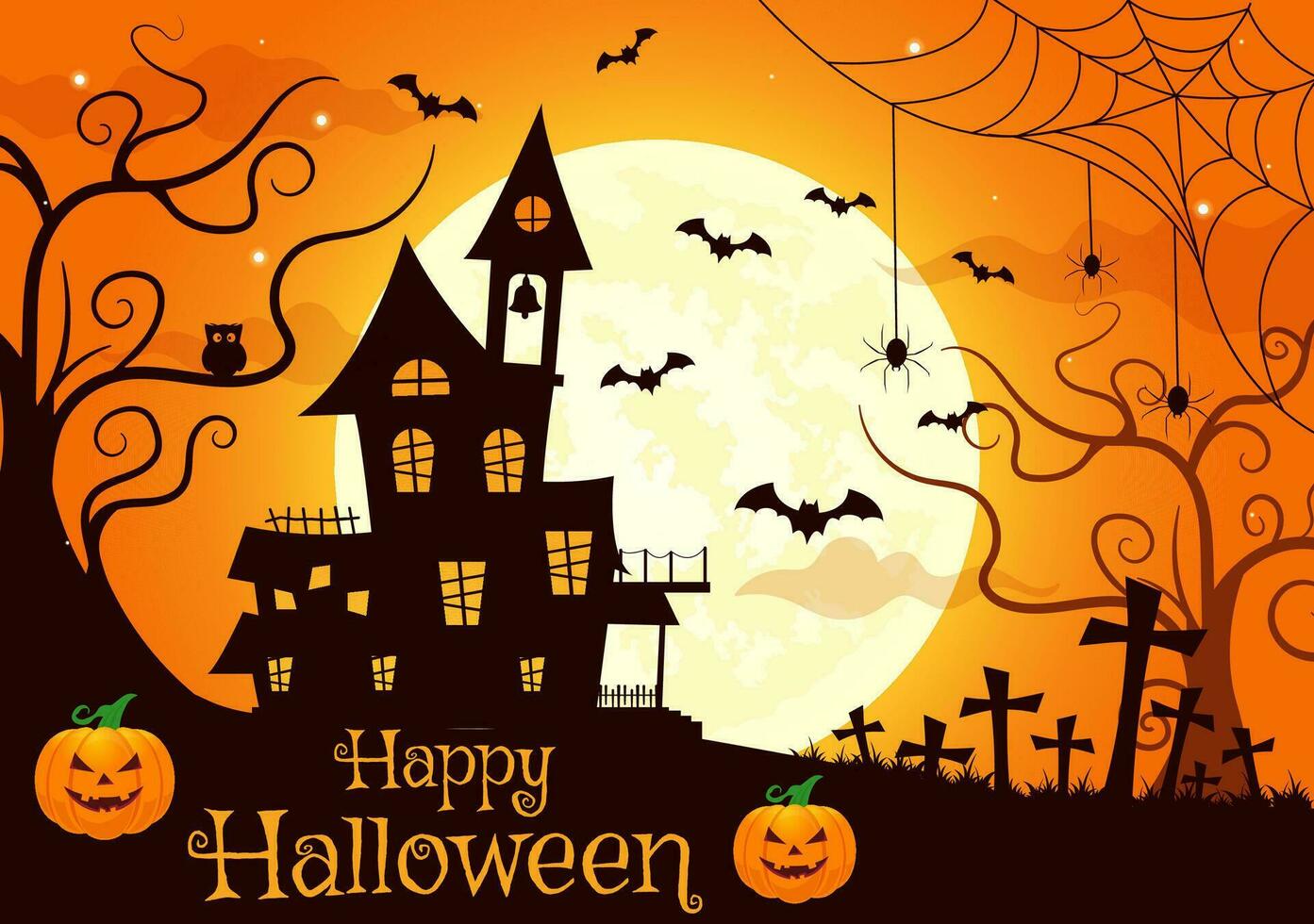 Halloween Night Background Vector Illustration with Pumpkins on the Moonlight and Several Other Elements in Flat Cartoon Hand Drawn Templates