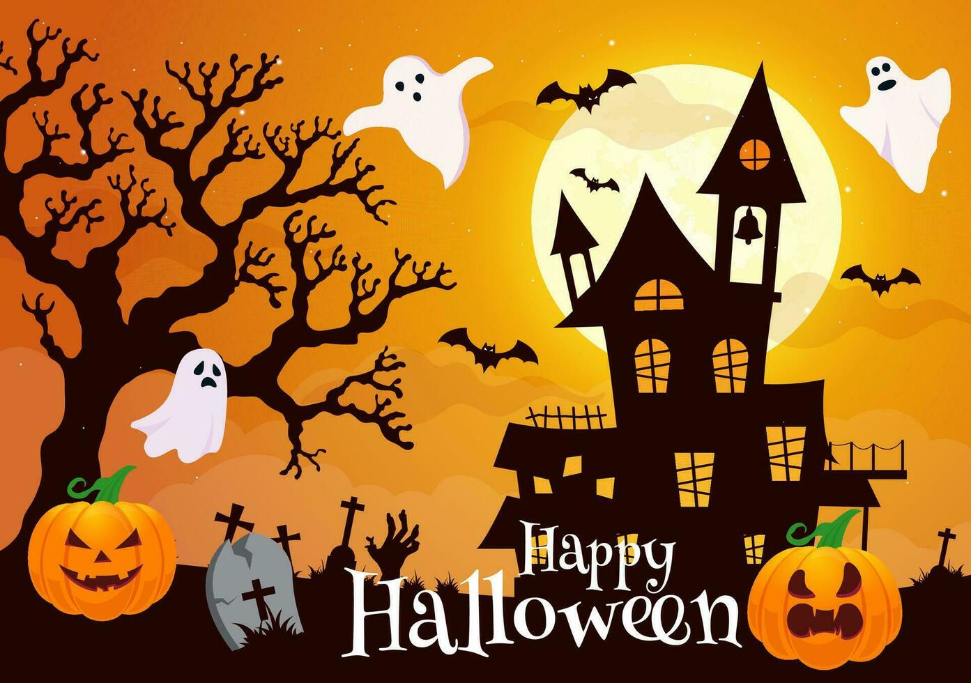 Halloween Night Background Vector Illustration with Pumpkins on the Moonlight and Several Other Elements in Flat Cartoon Hand Drawn Templates