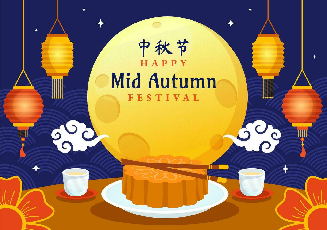 Happy Mid Autumn Festival Vector Illustration with Rabbits Carrying Lanterns and Enjoy Mooncake Celebrate on the Night of the Full Moon Templates