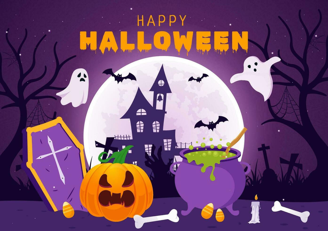 Halloween Night Background Vector Illustration with Pumpkins on the Moonlight and Several Other Elements in Flat Cartoon Hand Drawn Templates