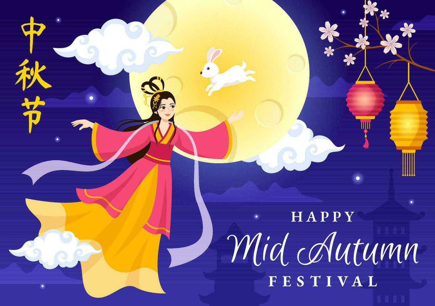 Happy Mid Autumn Festival Vector Illustration with Rabbits Carrying Lanterns and Enjoy Mooncake Celebrate on the Night of the Full Moon Templates