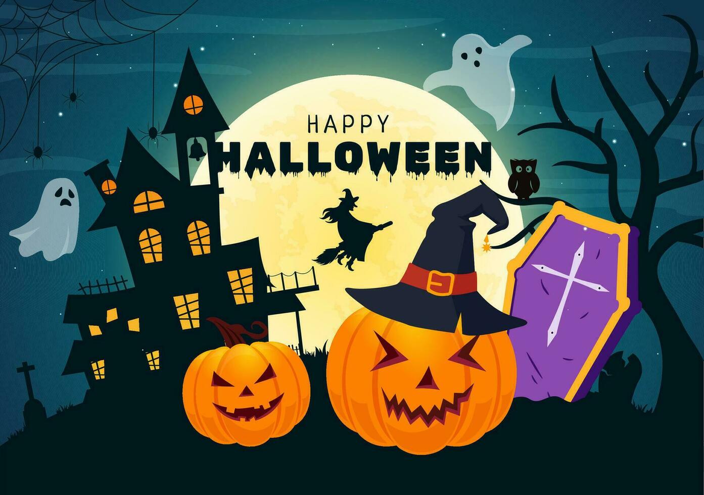 Halloween Night Background Vector Illustration with Pumpkins on the Moonlight and Several Other Elements in Flat Cartoon Hand Drawn Templates