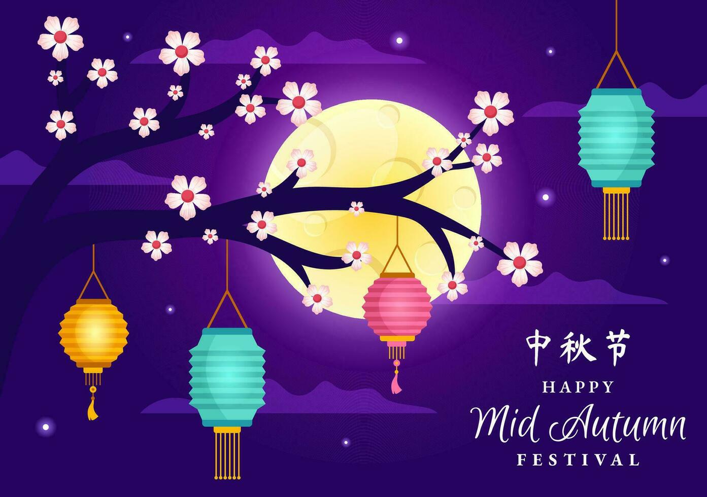Happy Mid Autumn Festival Vector Illustration with Rabbits Carrying Lanterns and Enjoy Mooncake Celebrate on the Night of the Full Moon Templates