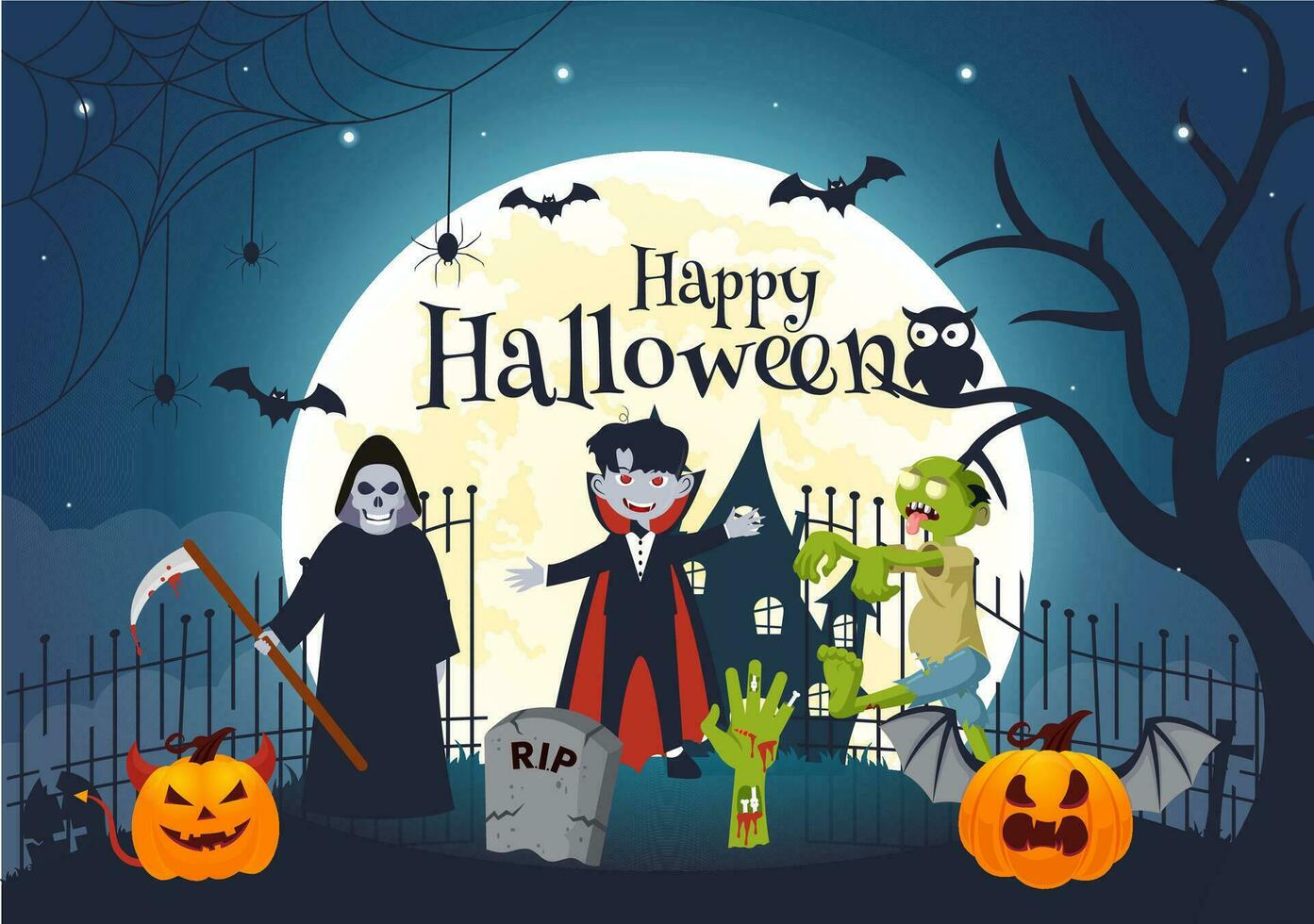 Halloween Night Background Vector Illustration with Pumpkins on the Moonlight and Several Other Elements in Flat Cartoon Hand Drawn Templates