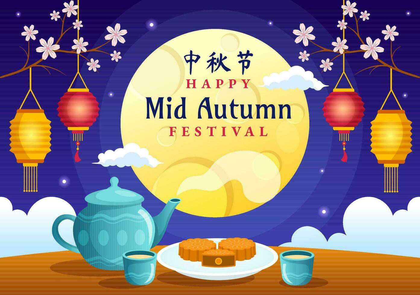 Happy Mid Autumn Festival Vector Illustration with Rabbits Carrying Lanterns and Enjoy Mooncake Celebrate on the Night of the Full Moon Templates