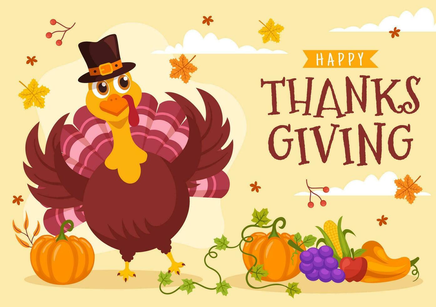Happy Thanksgiving Day Vector Illustration with Turkey Bird, Pumpkin, Leaves and Many Others Elements Background Flat Cartoon Hand Drawn Templates