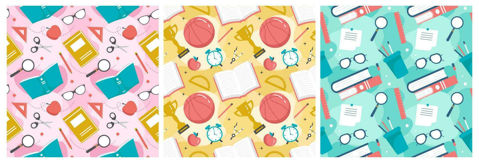 Set of Happy Teacher Seamless Pattern Design Educational Style Elements in Template Hand Drawn Cartoon Flat Illustration vector