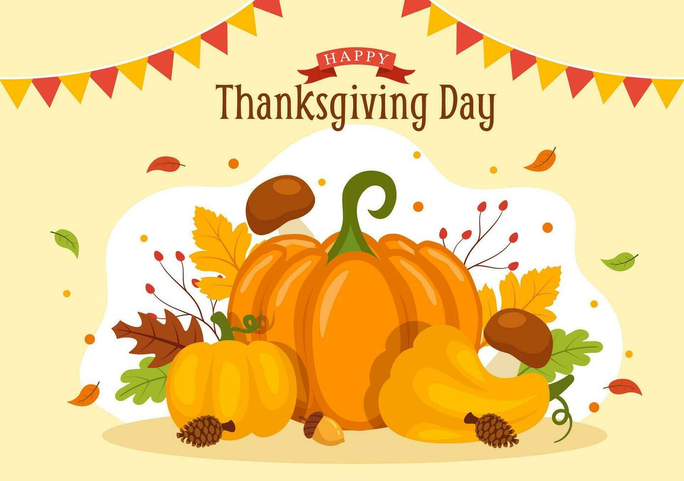 Happy Thanksgiving Day Vector Illustration with Turkey Bird, Pumpkin, Leaves and Many Others Elements Background Flat Cartoon Hand Drawn Templates