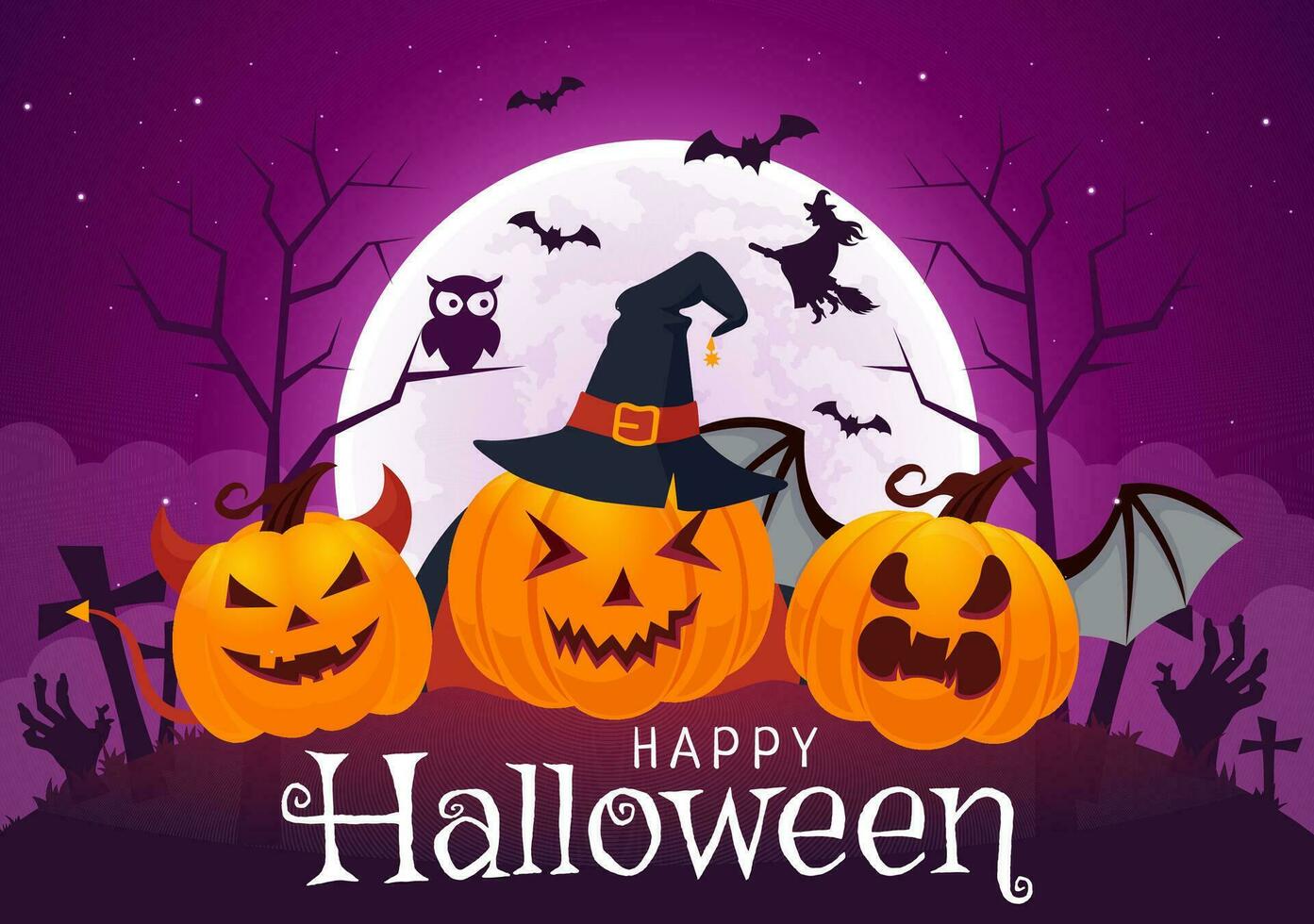 Halloween Night Background Vector Illustration with Pumpkins on the Moonlight and Several Other Elements in Flat Cartoon Hand Drawn Templates