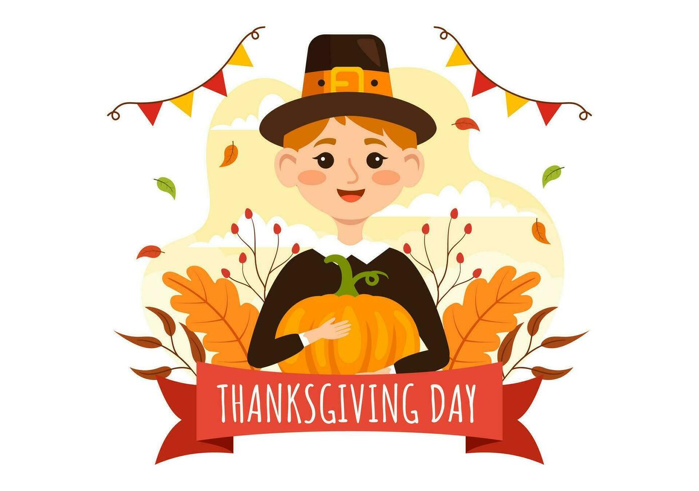 Happy Thanksgiving Day Vector Illustration with Turkey Bird, Pumpkin, Leaves and Many Others Elements Background Flat Cartoon Hand Drawn Templates
