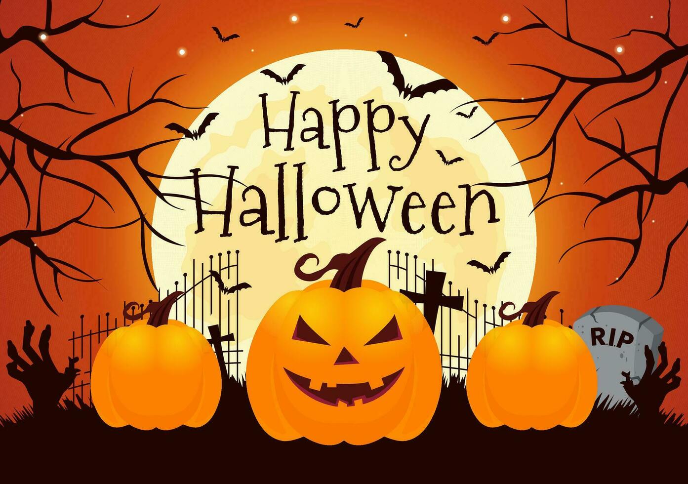 Halloween Night Background Vector Illustration with Pumpkins on the Moonlight and Several Other Elements in Flat Cartoon Hand Drawn Templates