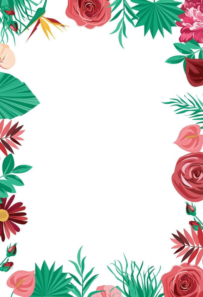 floral border with rose decoration and tropical leaves vector