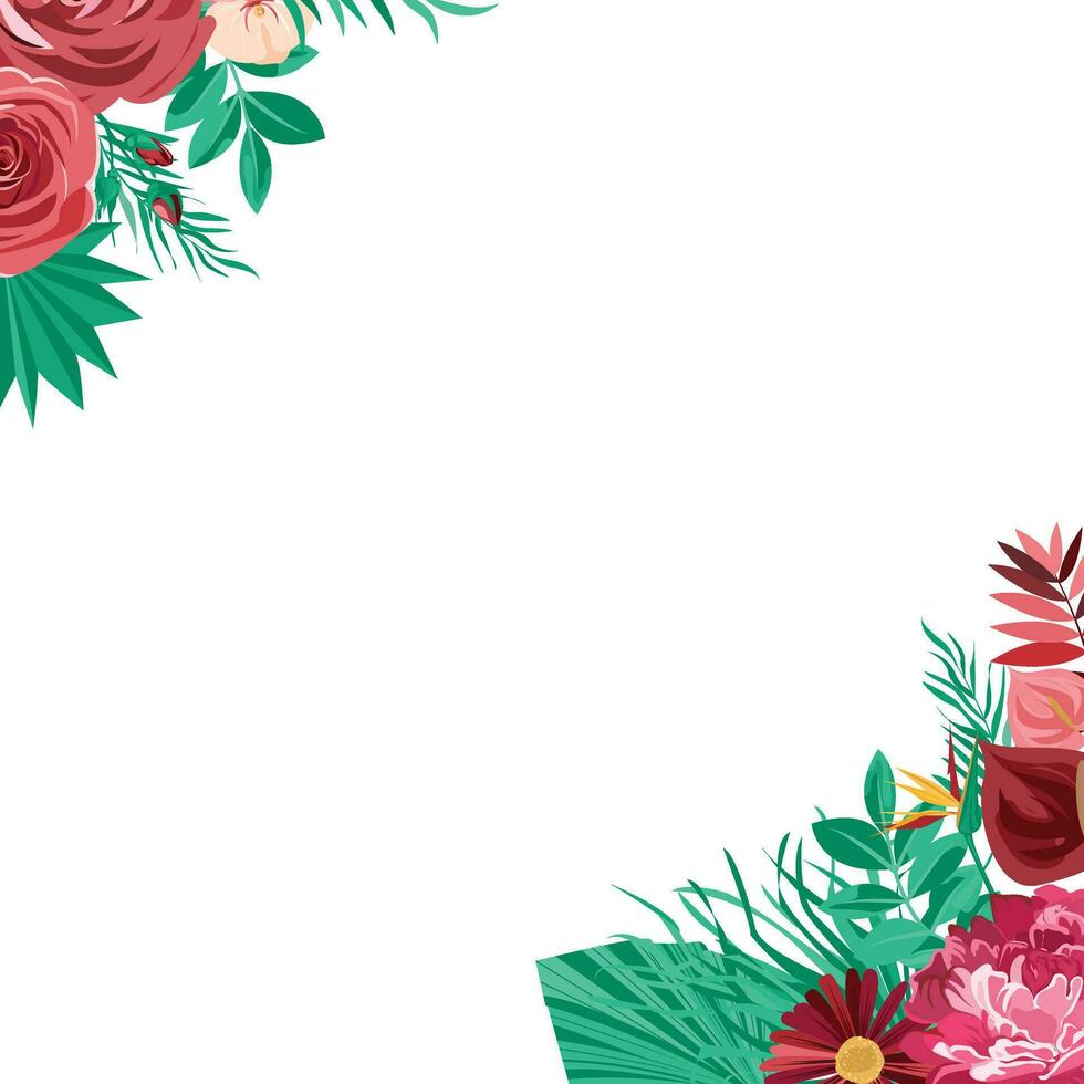 floral border with rose decoration and tropical leaves vector