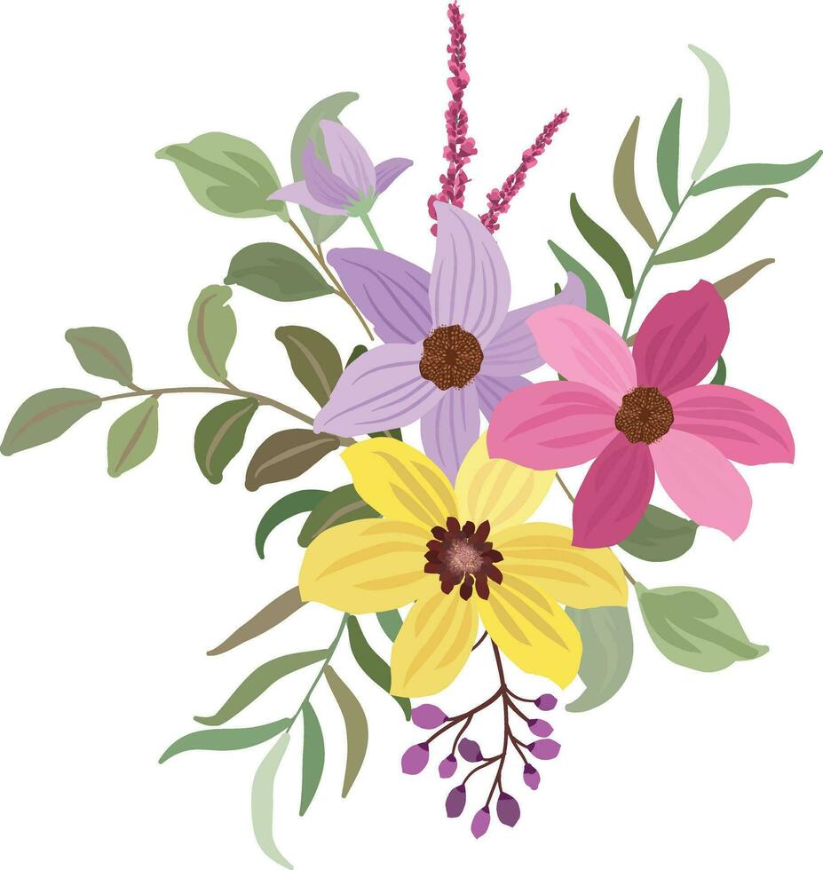 wreath with colorful wildflowers, wedding bouquet template or greeting card vector