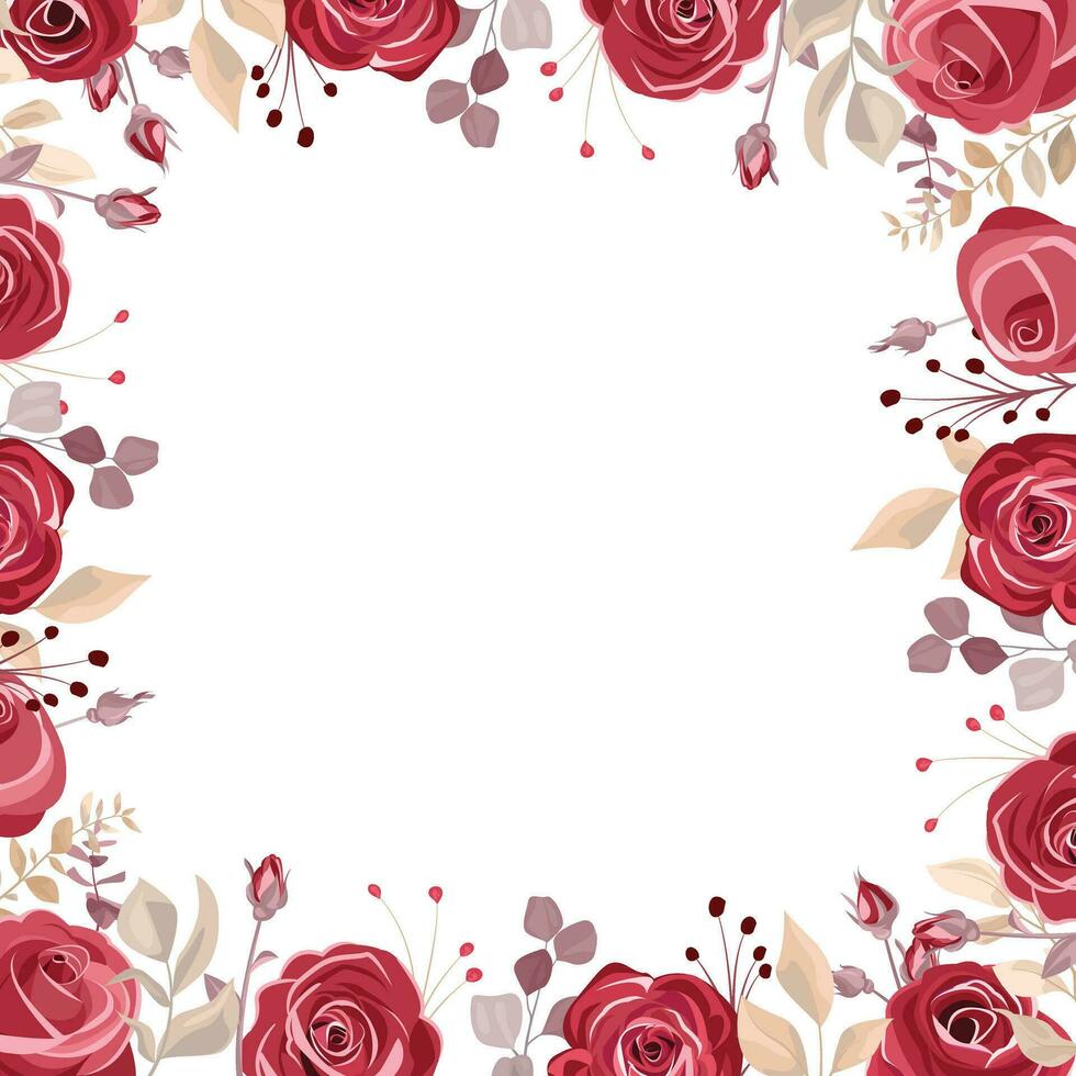 Bouquet of maroon rose flower border, on white background. Wedding invitation wallpaper, stationery, fashion prints. Eucalyptus roses vector