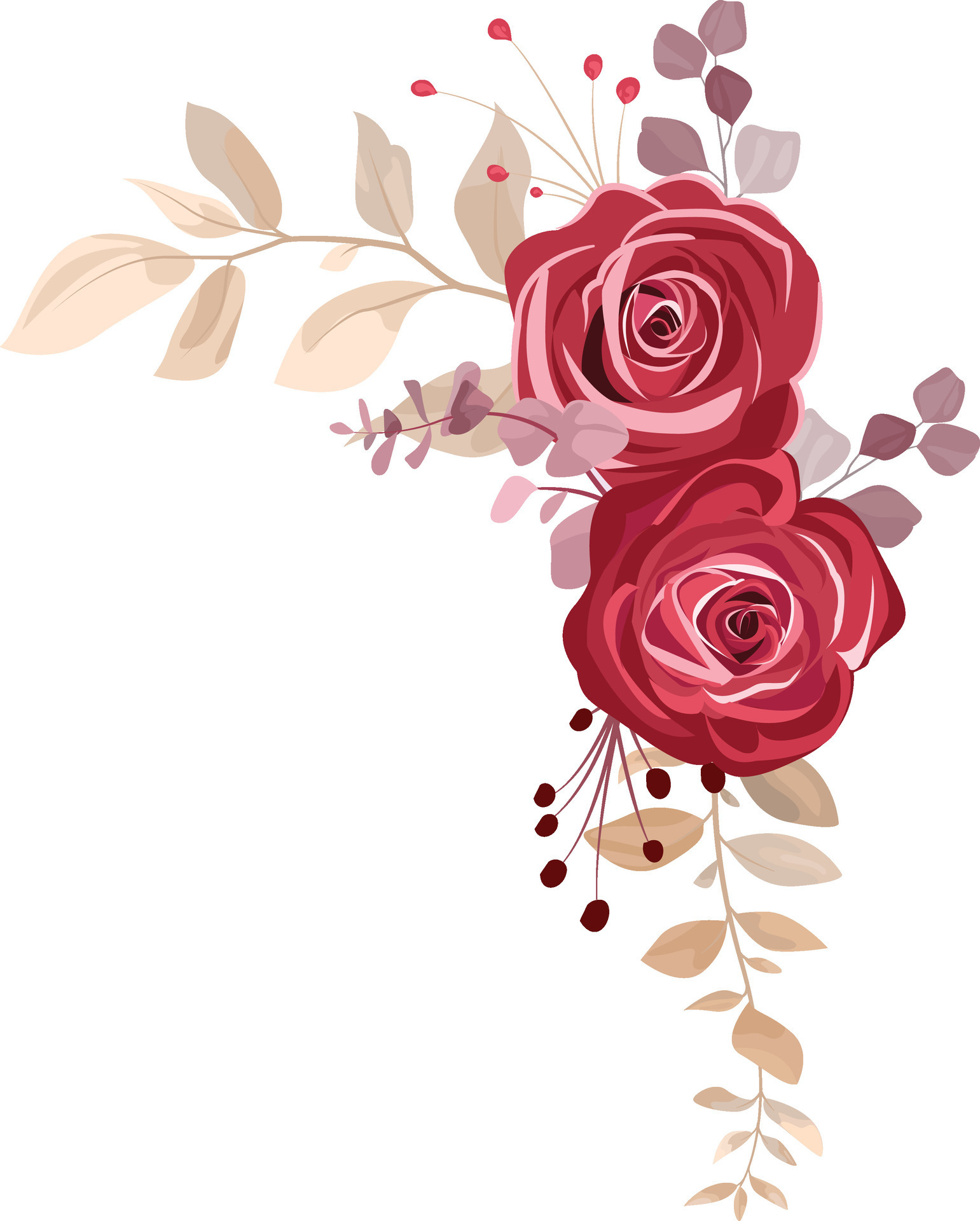 Bouquet with maroon flowers and green leaves. maroon flower stems