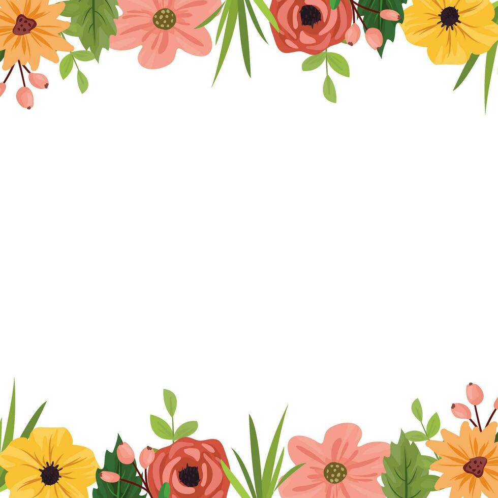 Floral seamless border. Floral frame of green leaves, wildflowers, , isolated on white background. Illustration for design, print, background vector