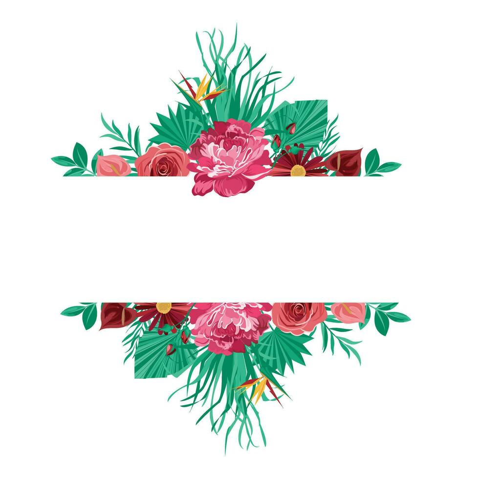 tropical marco con decorativo rosas y tropical hojas vector