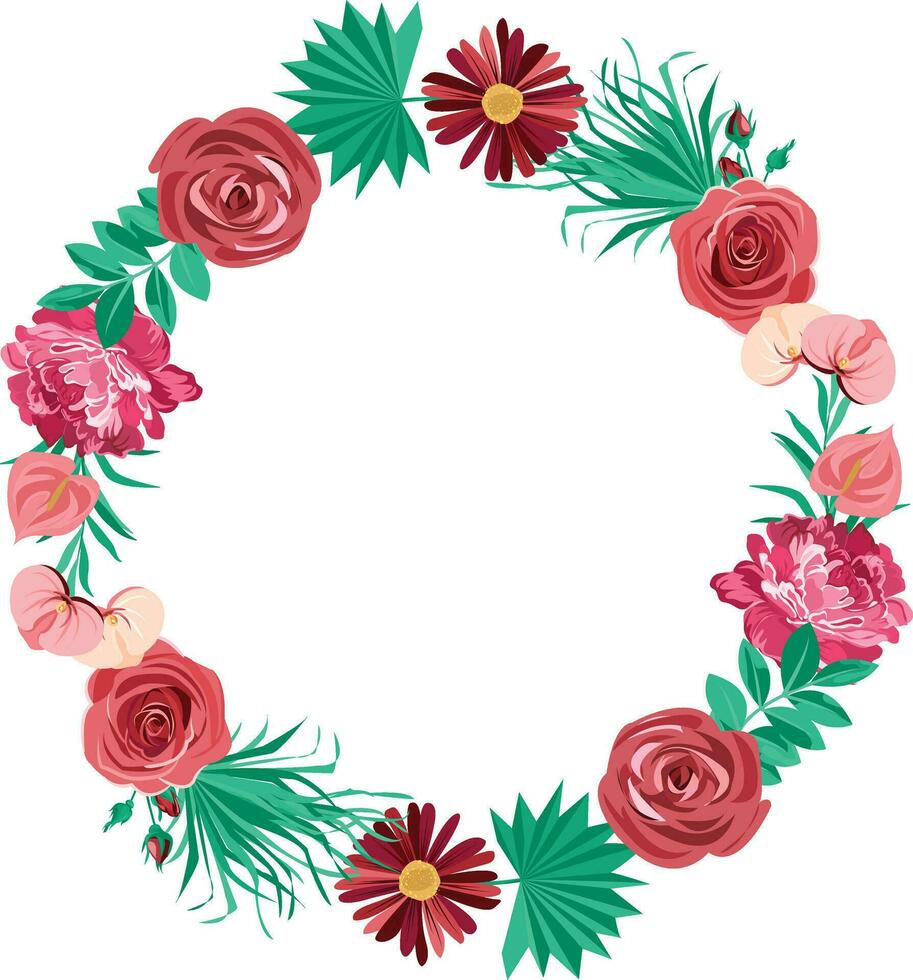 a bouquet of flowers decorated with roses and tropical leaves vector