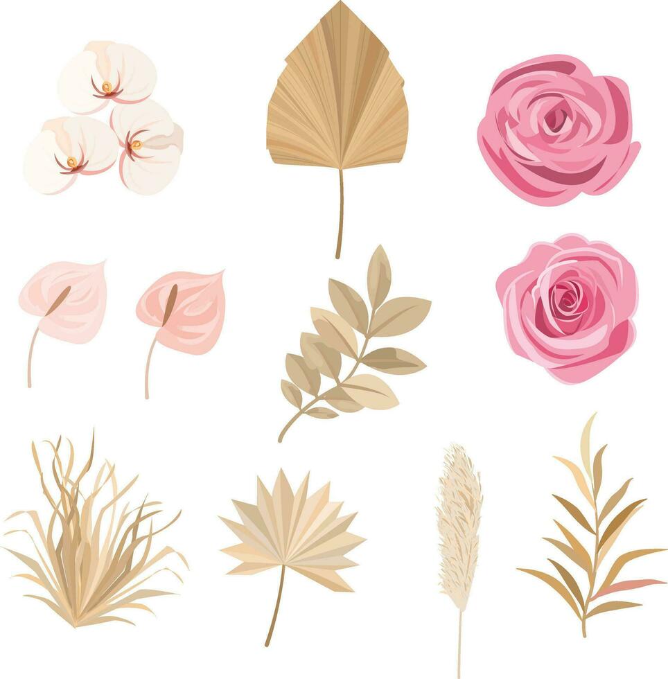 set of boho style floral elements vector