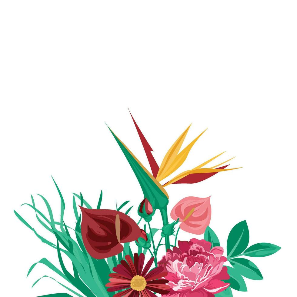 floral border with rose decoration and tropical leaves vector