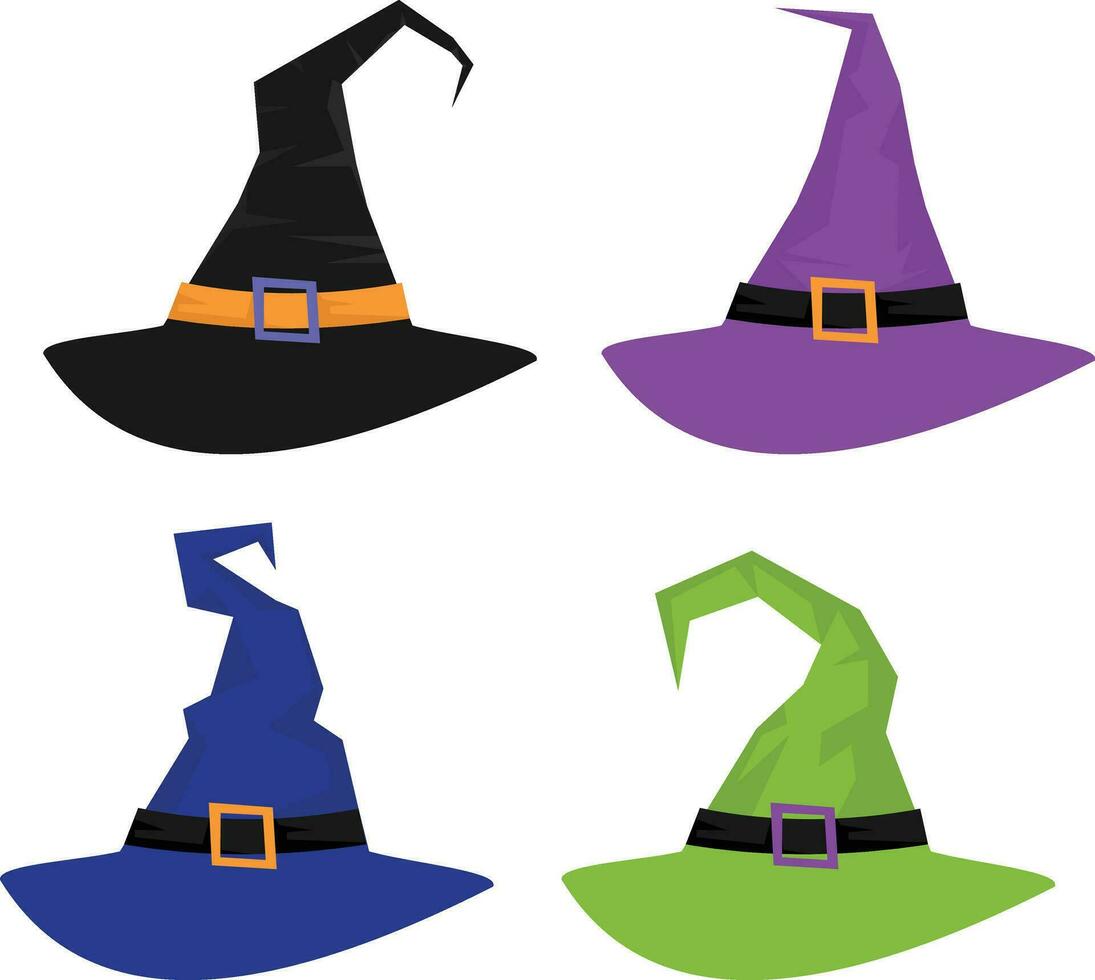 Colorful Witch and Wizards Hats with Belt. Halloween costume. Set of vector illustration in flat style.