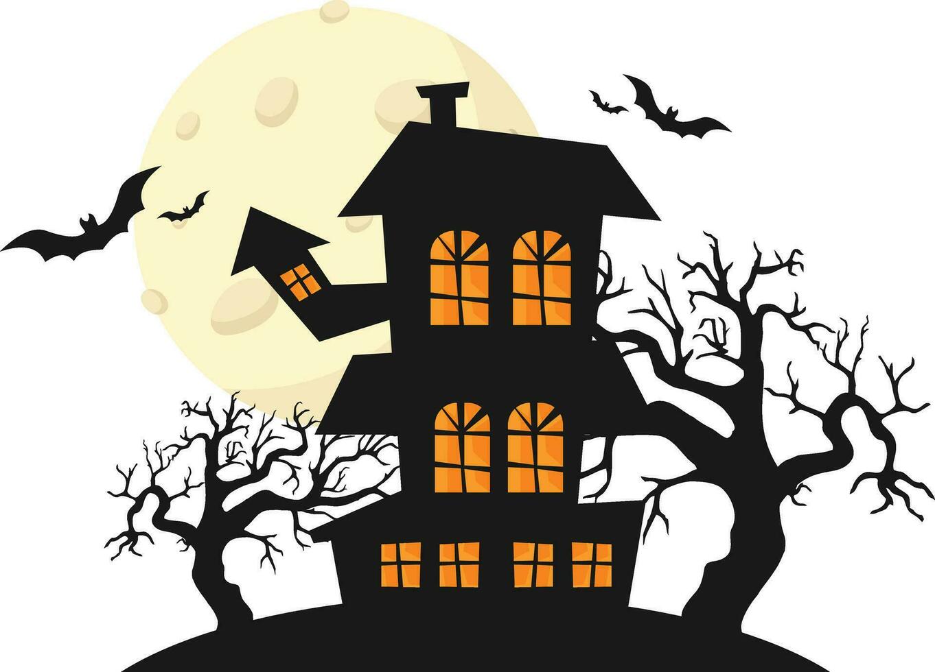 Vector black halloween house with bats and tree with moon. Cute Halloween card